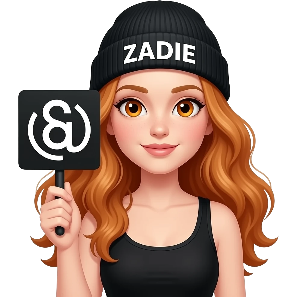 sexy girl with overlong wavy ginger hair and ginger eyes wearing a black tanktop and a black beanie with ZADIE written on it, is holding a black sign with ♒️ on it emoji
