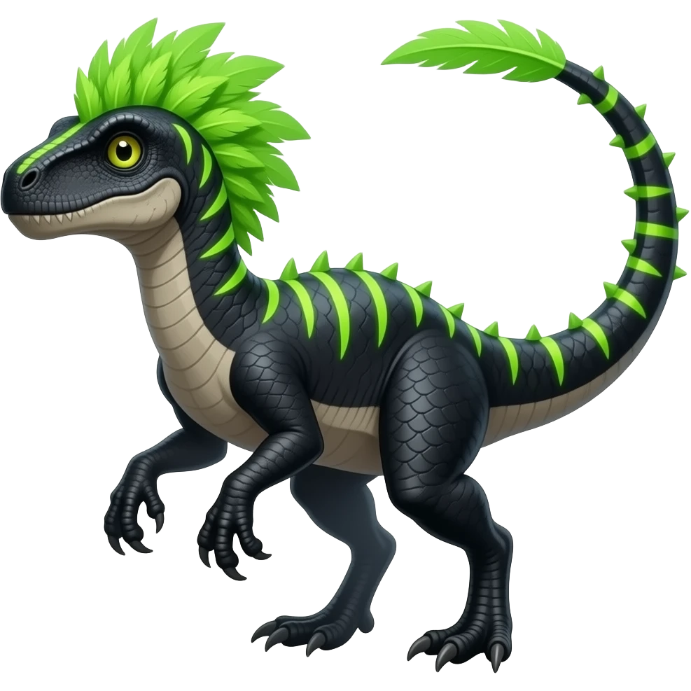 Cool edgy ancient black-scaled with neon-colored stripe markings digitigrade bipedal vintage futuristic raptorik fantasy-Cyberpunk-Steampunk-Solarpunk-Genesect-Salamence-Cyclizar-Salazzle-Feraligatr-Fakémon-animal-hybrid, with neon-green feather-mane, and a tail blade, back spikes, full body emoji