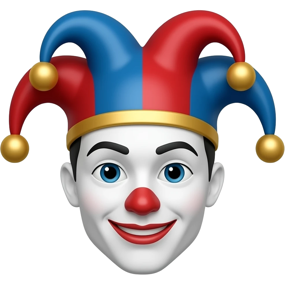 шут с красно синей шутовской шляпе и белым лицом emoji