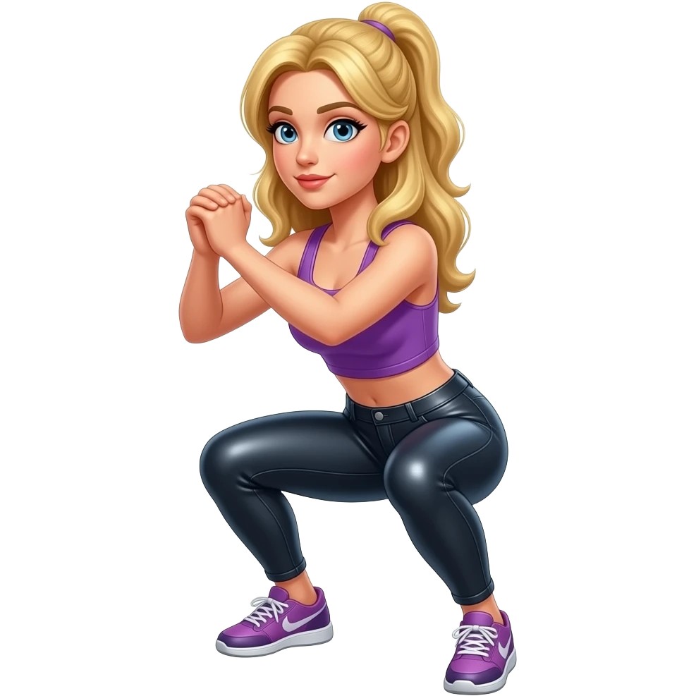 Blonde girl in shiny leather leggings doing squats emoji