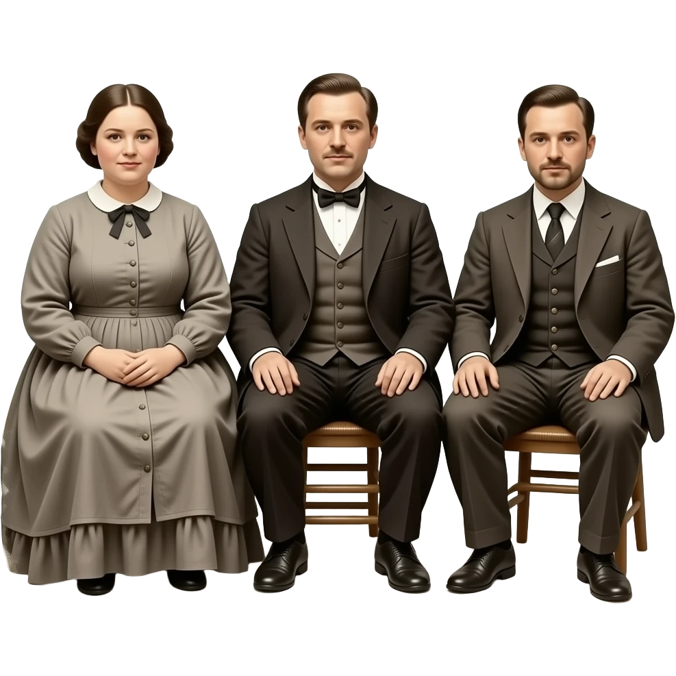 two fat mothers and two skinny fathers depicted in sitting poses as in daguerreotypes posing in vintage civilian clothes - in daguerreotype format - chemically damaged emoji