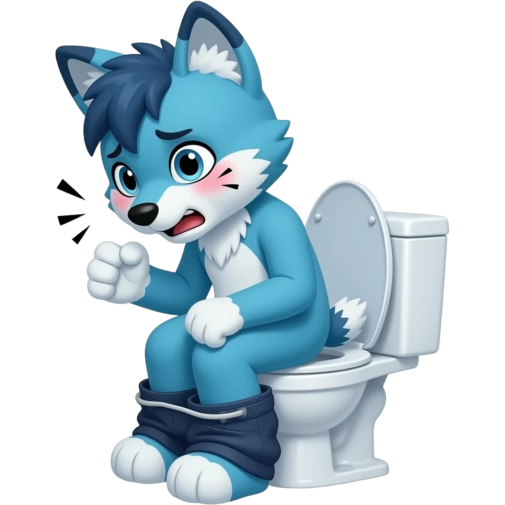 blue fursuit sitting on toilet, side view, pants down, straining face, blushing face, pain, pushing, both fits, discomfort, grunting emoji