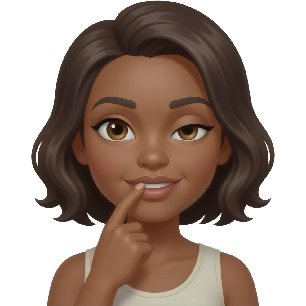Woman with side eye biting pointer finger dark brown skin emoji