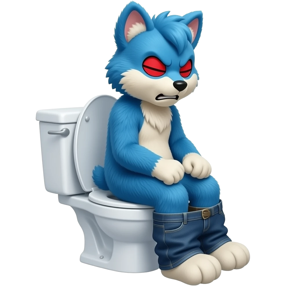 blue fursuit sitting on toilet, side view , pants down, pushing, eyes closed, straining face,  uncomfortable, red face, angry emoji