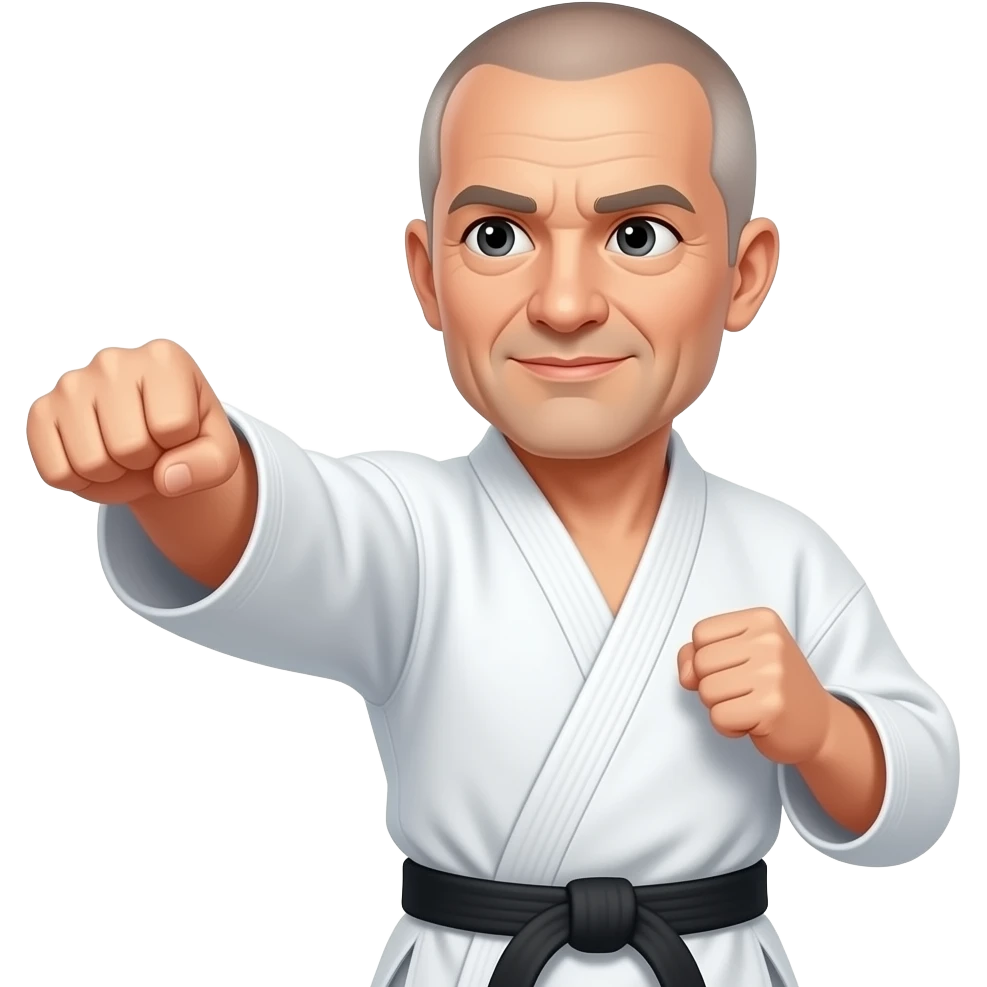 Middle-aged, white man wearing karate uniform , shaved short hair with a black belt doing a punch emoji