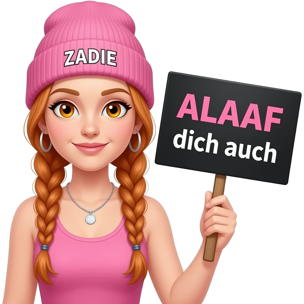 sexy girl with overlong ginger braids and ginger eyes wearing a pink tanktop and a pink beanie with ZADIE written on it, is holding a black sign with ALAAF dich auch written on it emoji