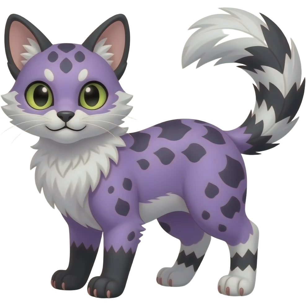 Grunge-patterned speckle-patterned feathery elegant realistic Furry, feathery fluffy tropical flecked painted feathery scaly, Purple, white, black, Minccino-Bambino-Lykoi-Linoone-Zangoose-fusion-hybrid-animal-Fakémon-creature, full body, thin long sleek scaly tail, intricate markings emoji