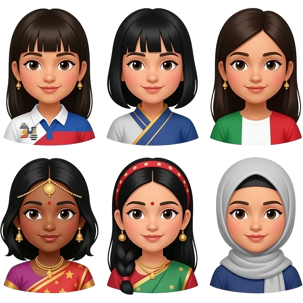 Make 9 girls, one black girl, one Korean girl, one Filipina girl, one Italian/polish girl, one Japanese girl, one Indian girl, one Indian girl, one Canadian girl, and one hijab girl emoji