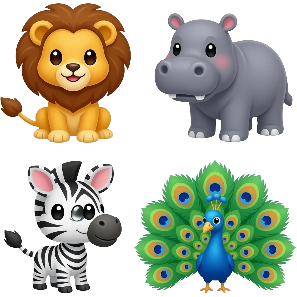 1 Little Lion 2 little zebra 3 little hippo 4 little peacock emoji