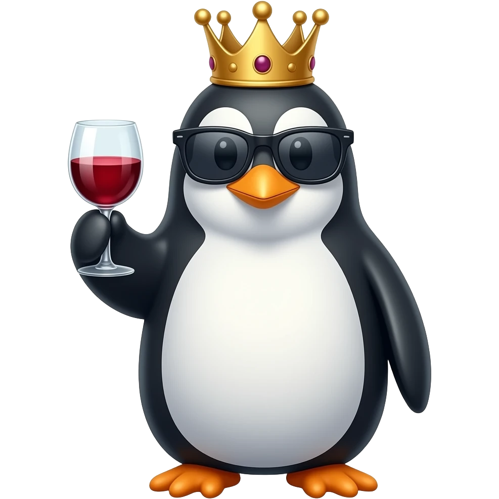 Penguin with a crown on top of his head while also wearing sunglasses and drinking wine emoji