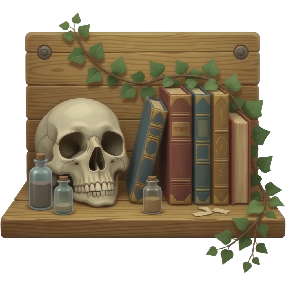 realistic cinematic - Joel Peter Witkin style - still life arranged on a wooden board, includes a corpse's head, tiny dusty bottles, old battered books, some wrapped ivy emoji