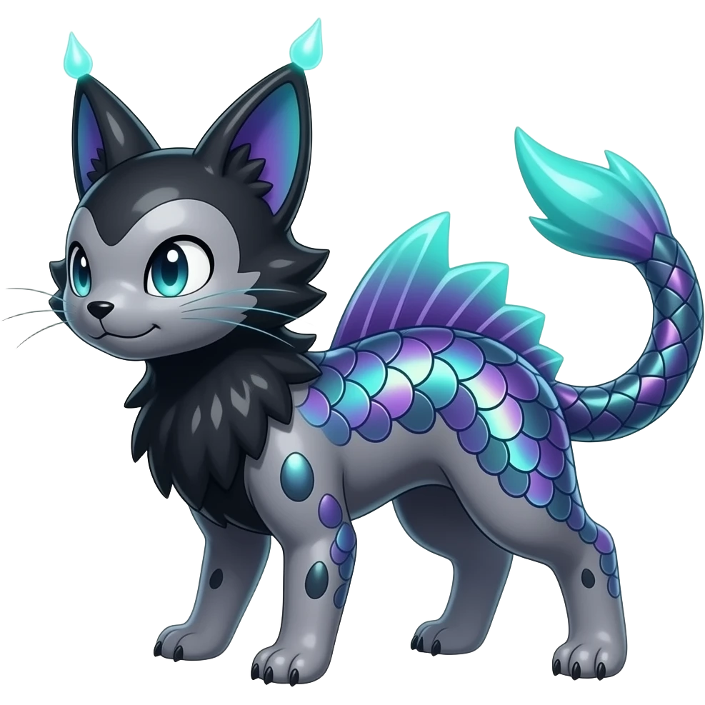 Realistic iridescent-scaled slim smooth oily shiny glossy elegant bioluminescent dull, furry oil-blackish oily greyish, purplish, neon-cyan, back-finned, abyss-fantasy-Zorua-Vaporeon-Sprigatito-Absol-Lykoi-Civet-Fakémon-fusion, with thin neon-glowing bulb-whiskers, koi-piebald-flecked full body emoji