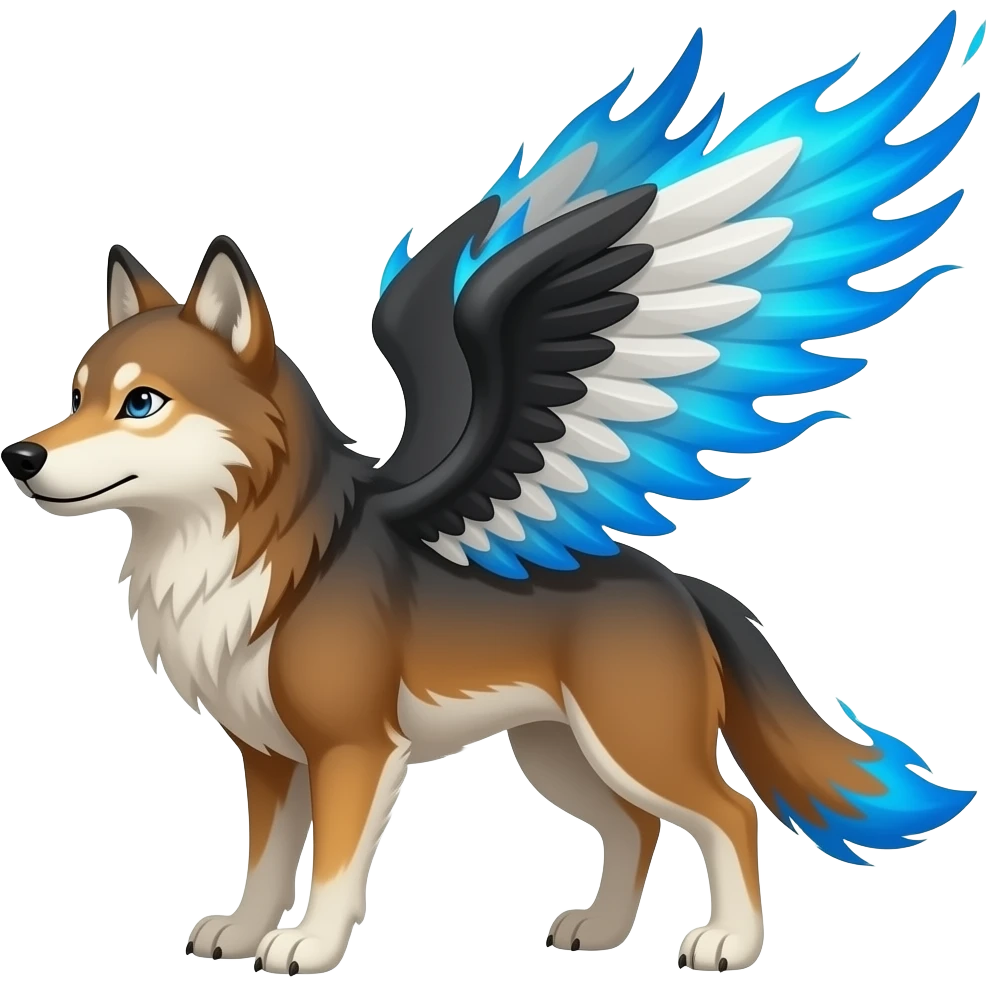 russet wolf with black, white, and blue wings with blue flames emoji
