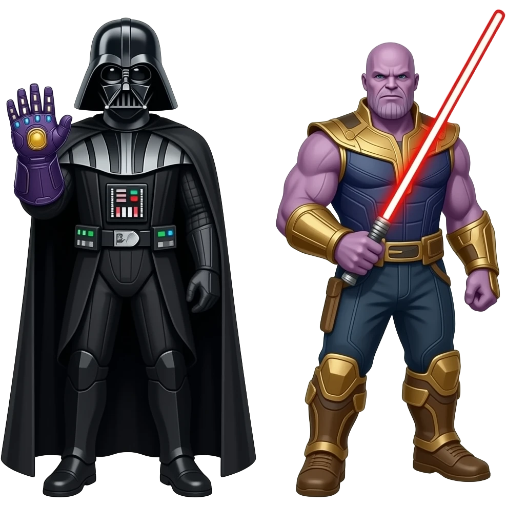 Darth Vader wearing the infinity gaunlet next to Thanos holding a red lightsbaer emoji