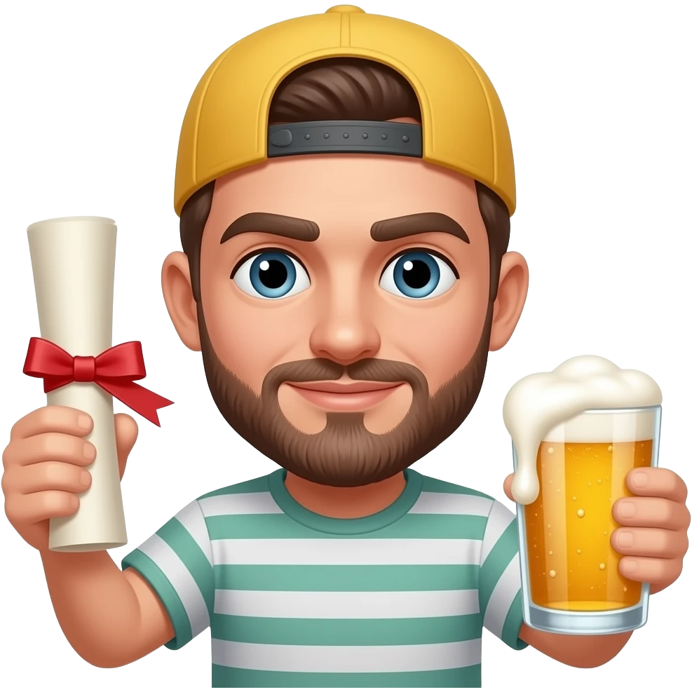 Brunette man backwards hat diploma and beer emoji