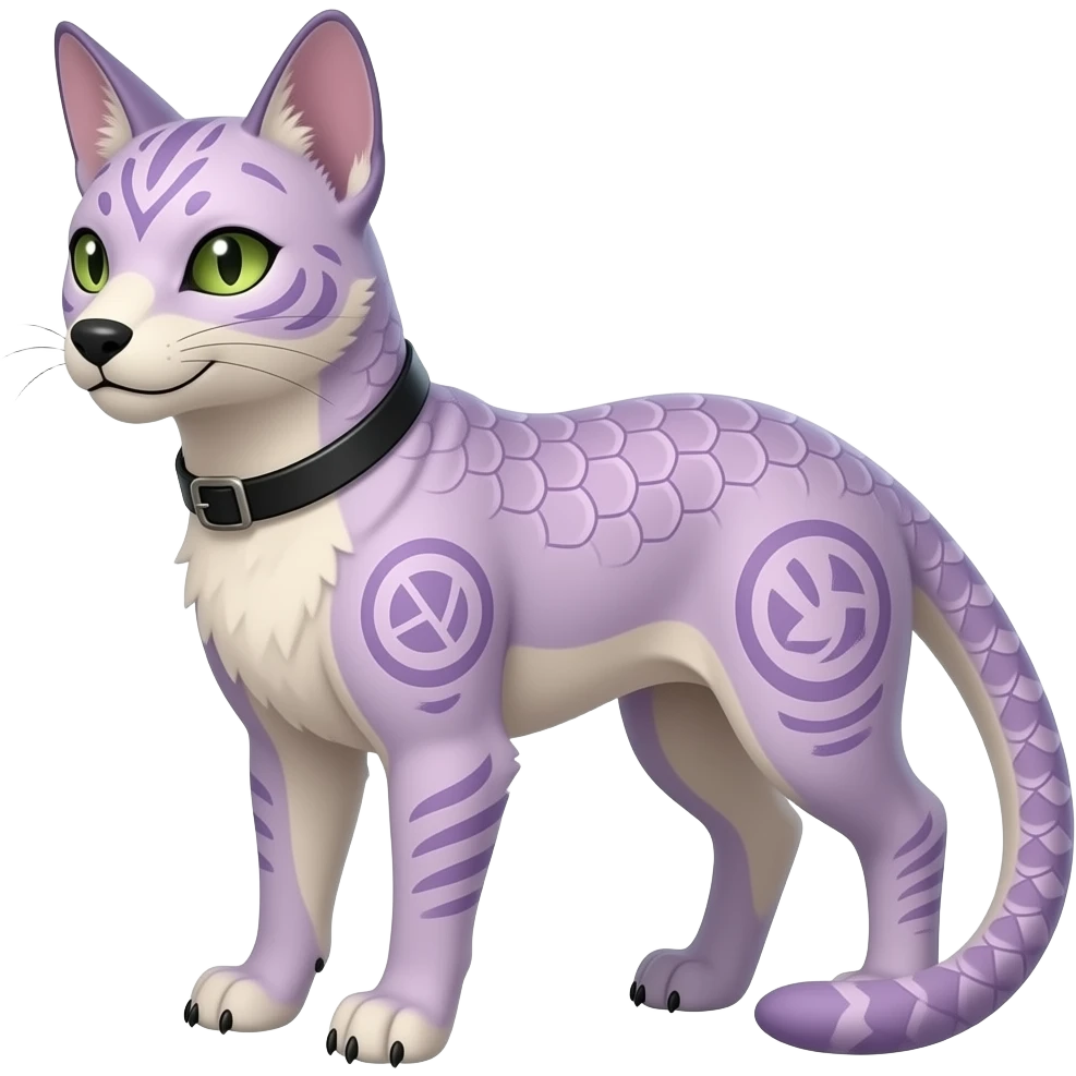 Rare pastel exotic edgy cool epic aesthetic gothic colorful Salandit-Litten-Furfrou-Houndour-Civet-species-Fakemon-hybrid-creature, with a collar, and with intricate tribal markings, full body emoji