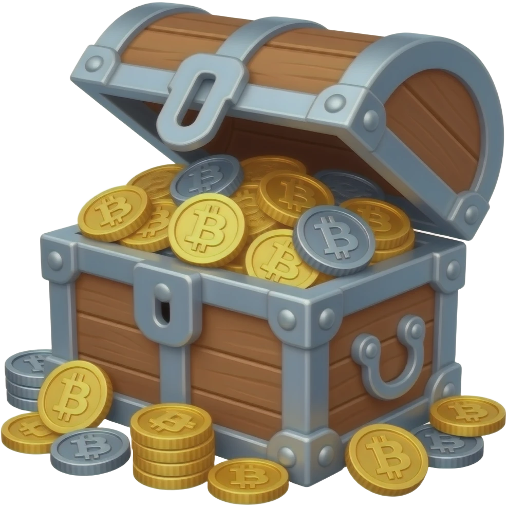 A Treasure chest full of Gold, Silver, Bronze, and Dark Gray Titanium Bitcoins. emoji