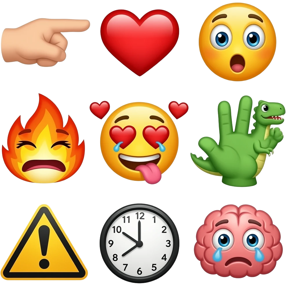 ❤️💋👈🏼👉🏼😲🫶🏼☺️🤤🔥😜😝😍😁😘🦖🤚🏻✋🏻🫷🏼😩💕⚠️🐛😢😭®️🕘🧠🤓 emoji