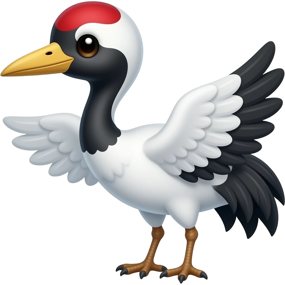cute mini crane, smiling his wing using like crane bird muted gray or white plumages, marked with black, and red bare patches on the face emoji