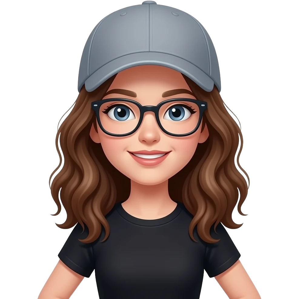 Girl with brunette hair wavy hair, grey sports hat fair skin black shirt young adult  glasses, dynamic pose emoji