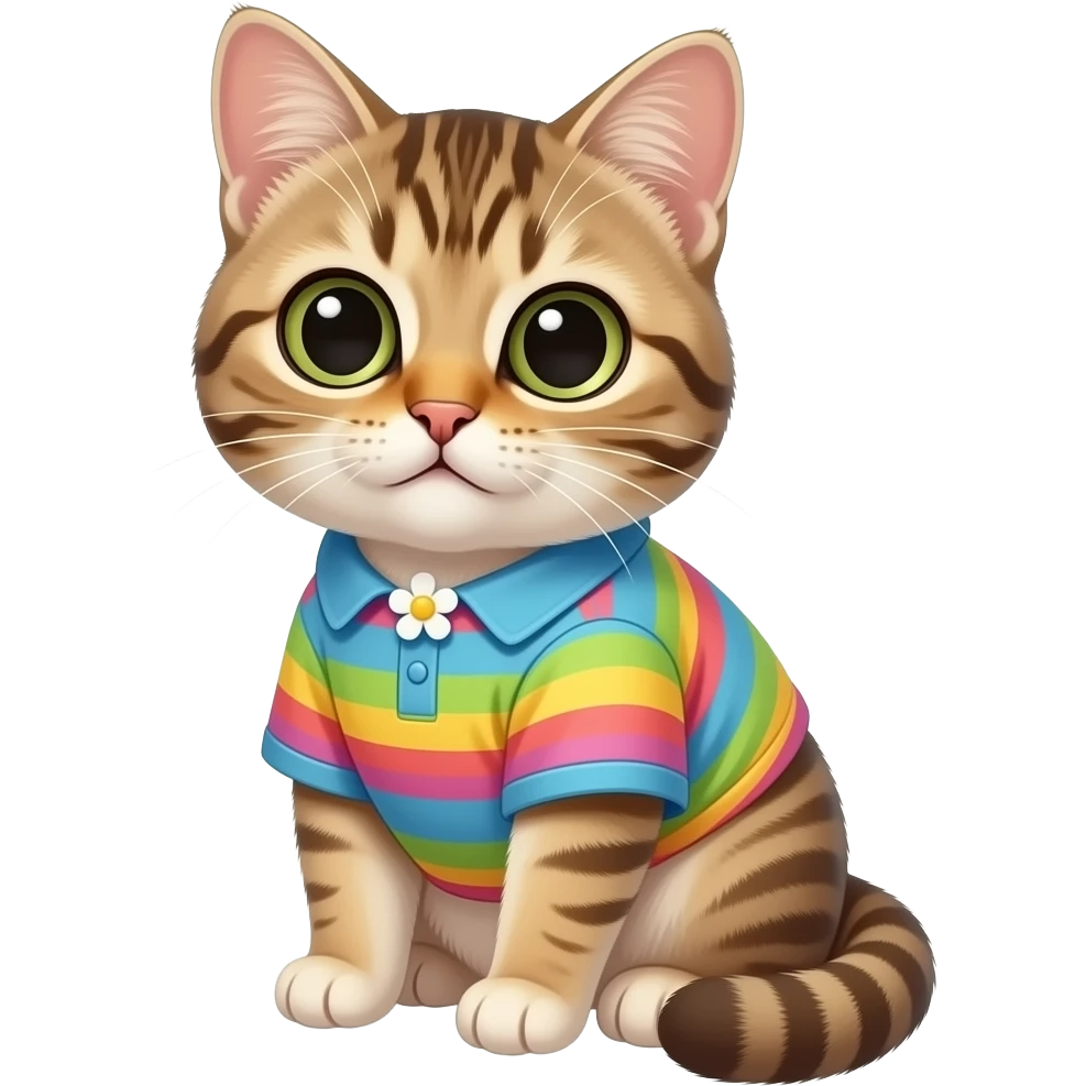 A cute cat wearing a cute shirt with a cute little flower emoji