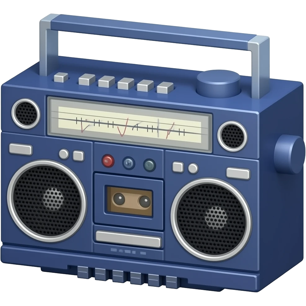 A vintage 1980s boombox-style portable cassette player/recorder, compact and boxy, not too large — the kind a teenager would carry to the street in the Dominican Republic or Puerto Rico in the late 1980s. The body is deep cobalt blue with emoji