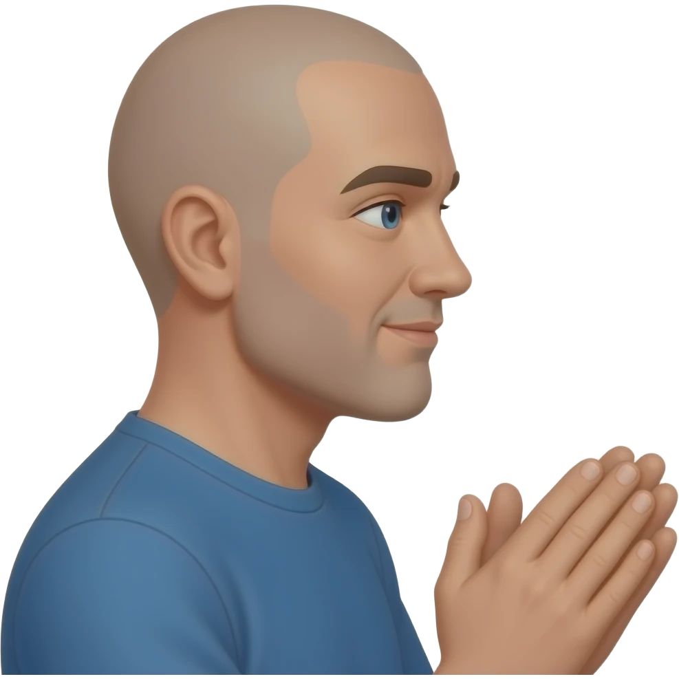 Bald guy clapping side eye view in blue crew neck face looking forward emoji