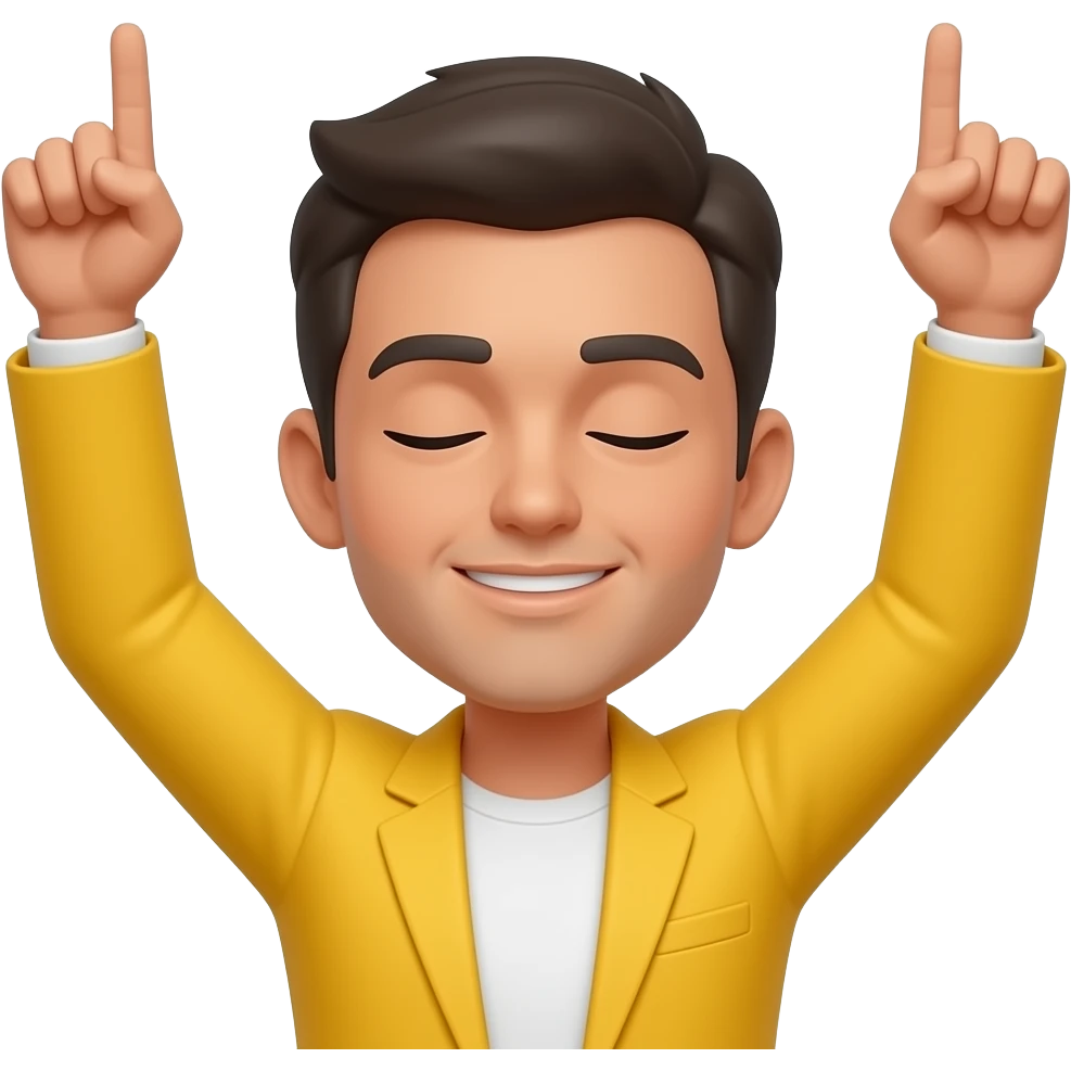 Emojis jaune blazer avec les deux bras levés vers le ciel, les index pointés vers le haut, les yeux fermé, fond blanc, style emoji de blazer , avec l’emoji de base que la tête et le bras que la tête pas de corps emoji