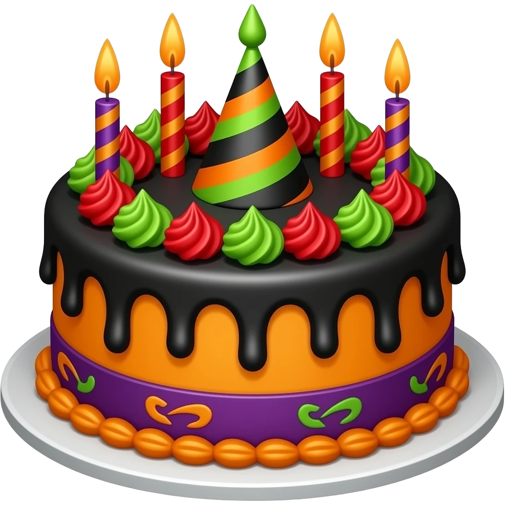 Halloween birthday cake, with black orange, green, red, and purple emoji