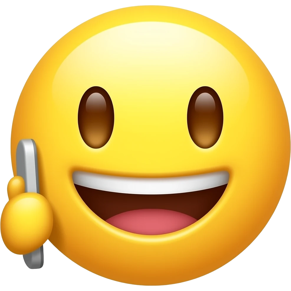 default yellow emoji holding a phone smiling with teeth and red eyes emoji