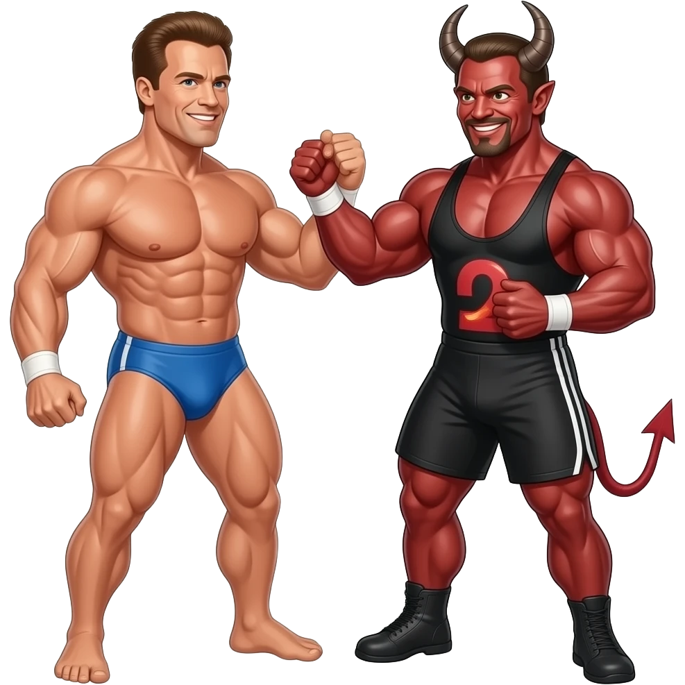 Arnold Schwarzenegger in a speedo wrestling Satan in a speedo emoji