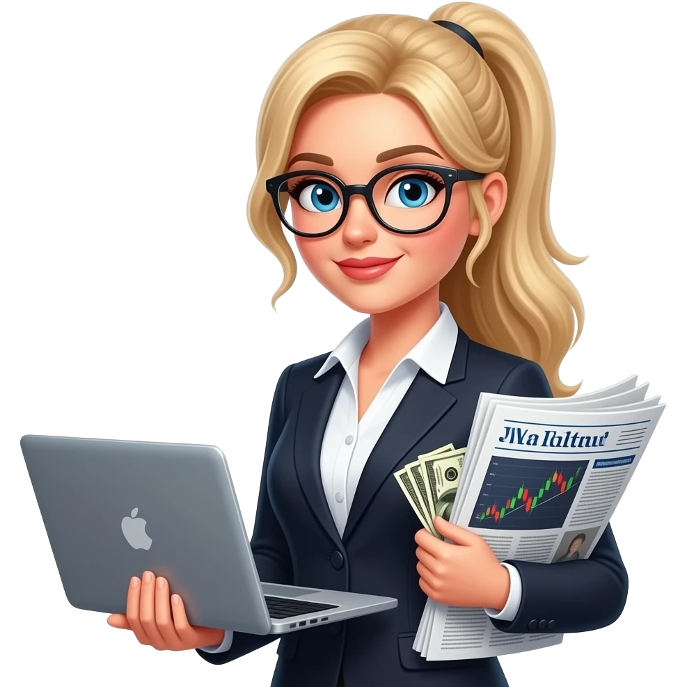 Sexy girl, blonde, side ponytail, blue eyes, slavic, glasses, business woman, laptop, newspaper with stock chart, cash emoji