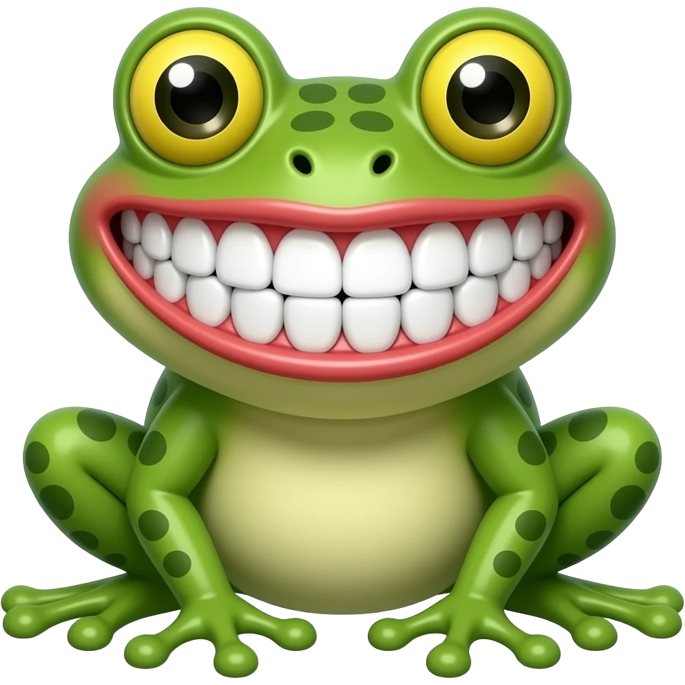 A frog with a very wide, "Hollywood" smile. The lips are stretched as far as possible to the ears, two rows of even white teeth are visible. emoji