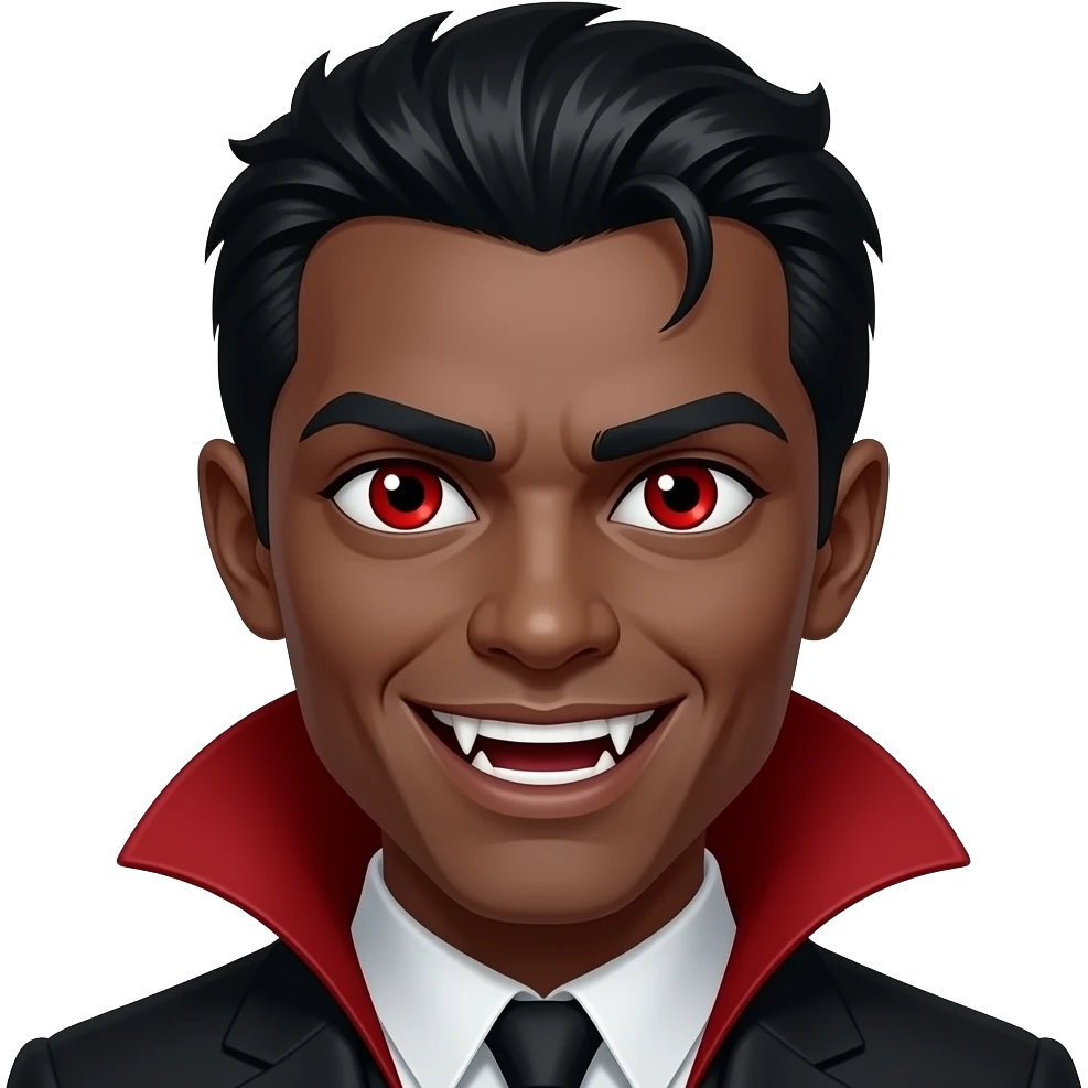 faça uma vampira de pele negra com o cabelo preto e medio olhos vermelhos e dentes afiados mostrando emoji
