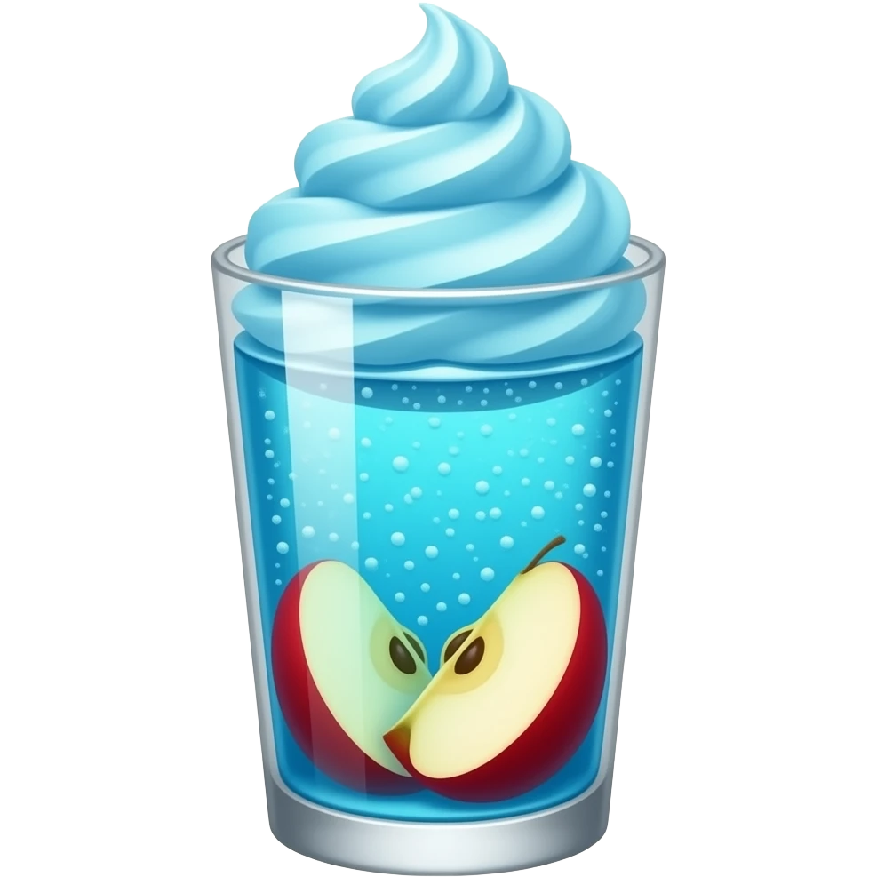 cute red apple cream soda, clear glass cup, red apple pieces at the bottom, sky blue soda layer, sky blue whipped cream swirl on top, glossy 3d emoji style, no background, no text emoji