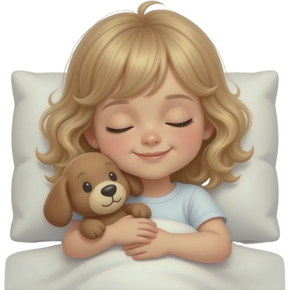 white kid  mid length hair to shoulders with bangs soft curly hair to shoulders in color: middle to little darker blond. sleeping on a pillow with a soft smile and hugging a soft brown stuffed dog emoji
