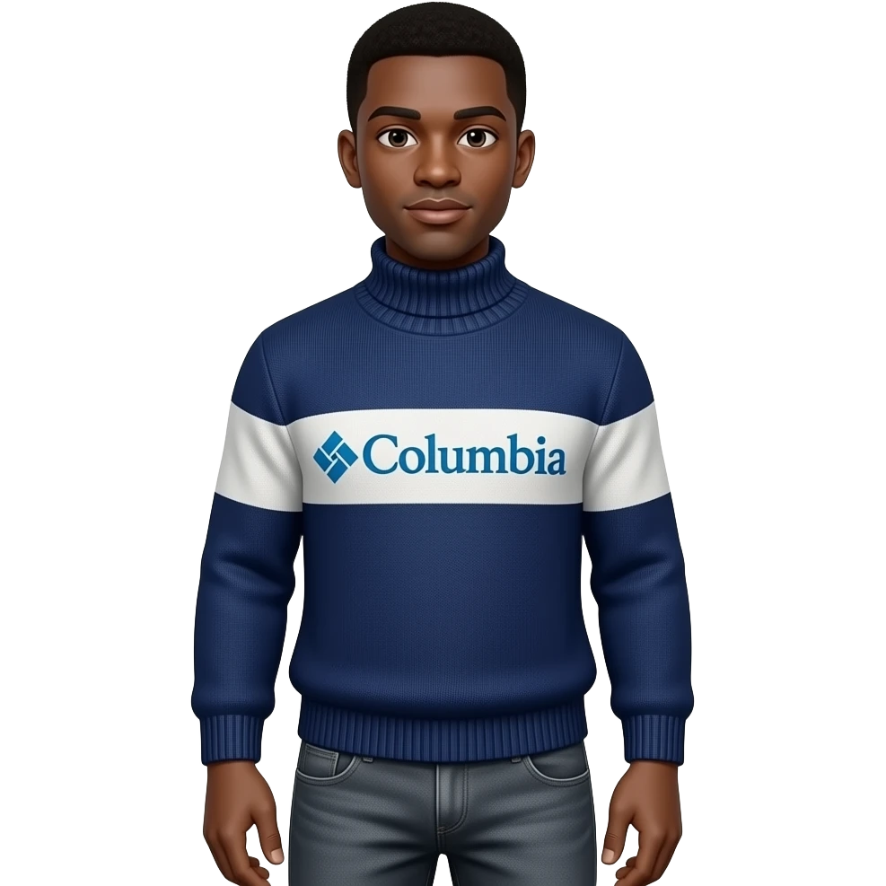 generate me a black guy with turtlneck sweater and the brand Columbia with grey jeans emoji