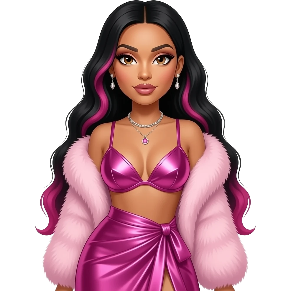 Nicki Minaj with brown eyes, long black hair with pink ombre, light pink fur shawl, hot pink metallic bra, hot pink metallic long wrap skirt, necklace and earrings emoji