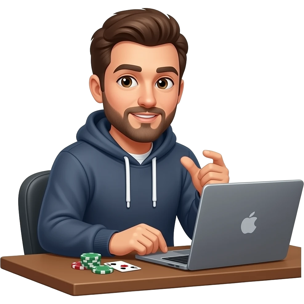 A man with hoodie playing online poker and talks strategy emoji