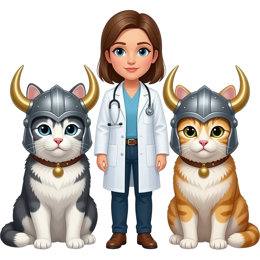 la déesse Freya en médecin avec ses 2 chats sibérien neva masquerade géants, casque de valkyrie emoji