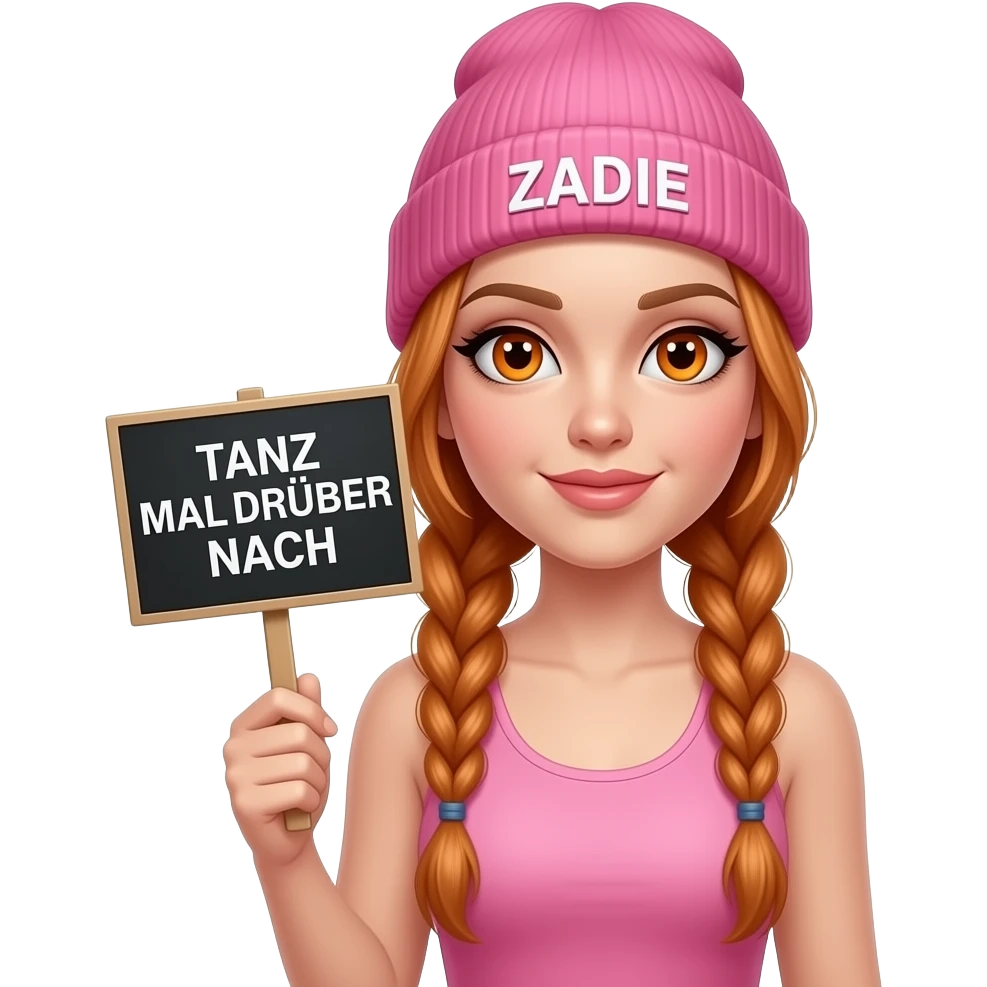 sexy girl with overlong ginger braids and ginger eyes wearing a pink tanktop and a pink beanie with ZADIE written on it, is holding a black sign with TANZ MAL DRÜBER NACH written on it emoji