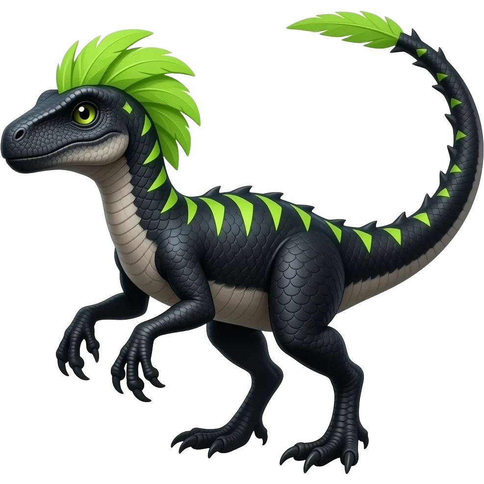 Cool edgy ancient black-scaled with neon-colored triangular stripe markings digitigrade vintage futuristic raptorik fantasy-Cyberpunk-Steampunk-Solarpunk-Genesect-Salamence-Tyranitar-Vernid-Fionbri-Fakémon-animal-hybrid, with neon-green feather-mane, and a tail blade, back spikes, full body emoji