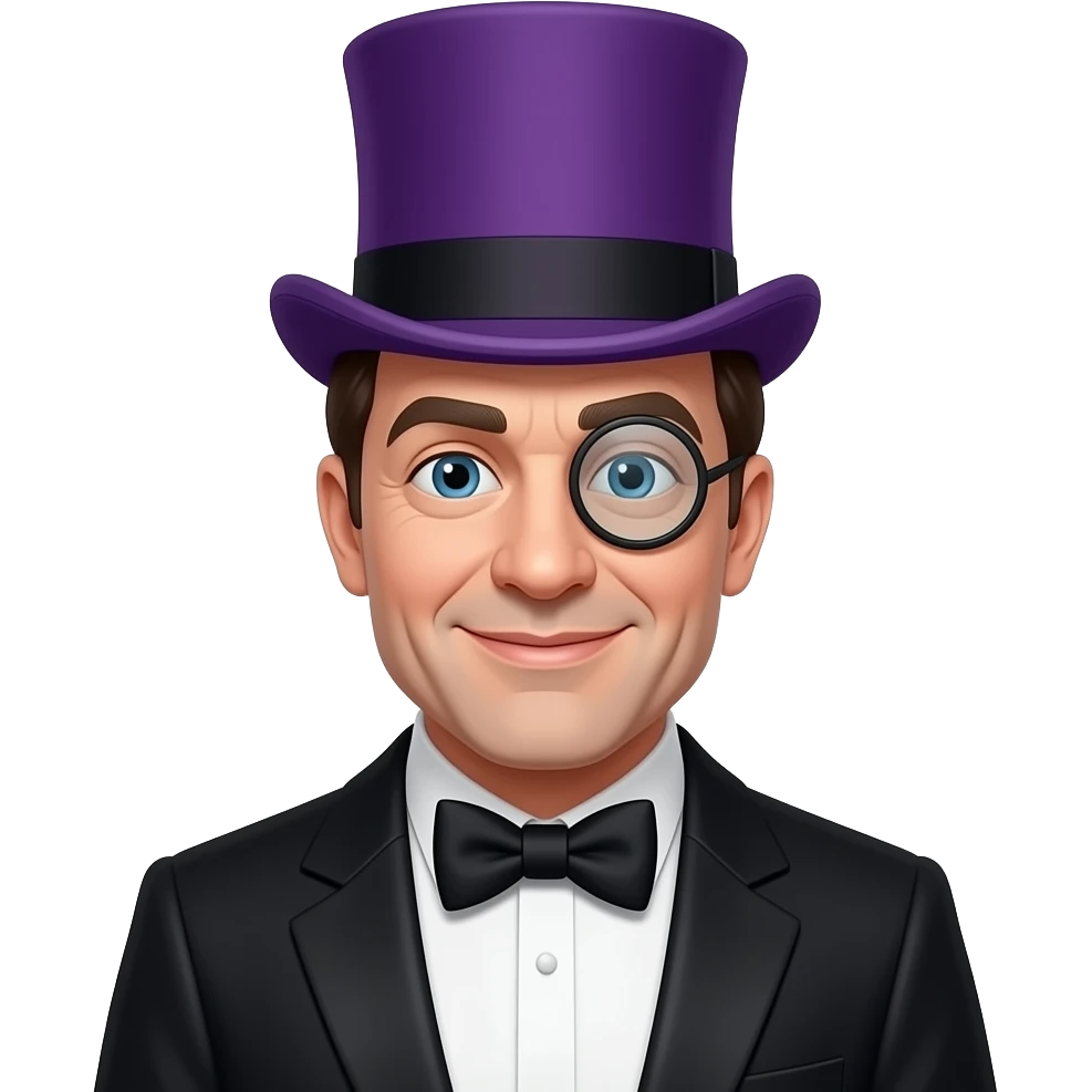 Young Burgess Meredith as the Penguin, wearing a black tuxedo and a purple top hat, and a monocle emoji