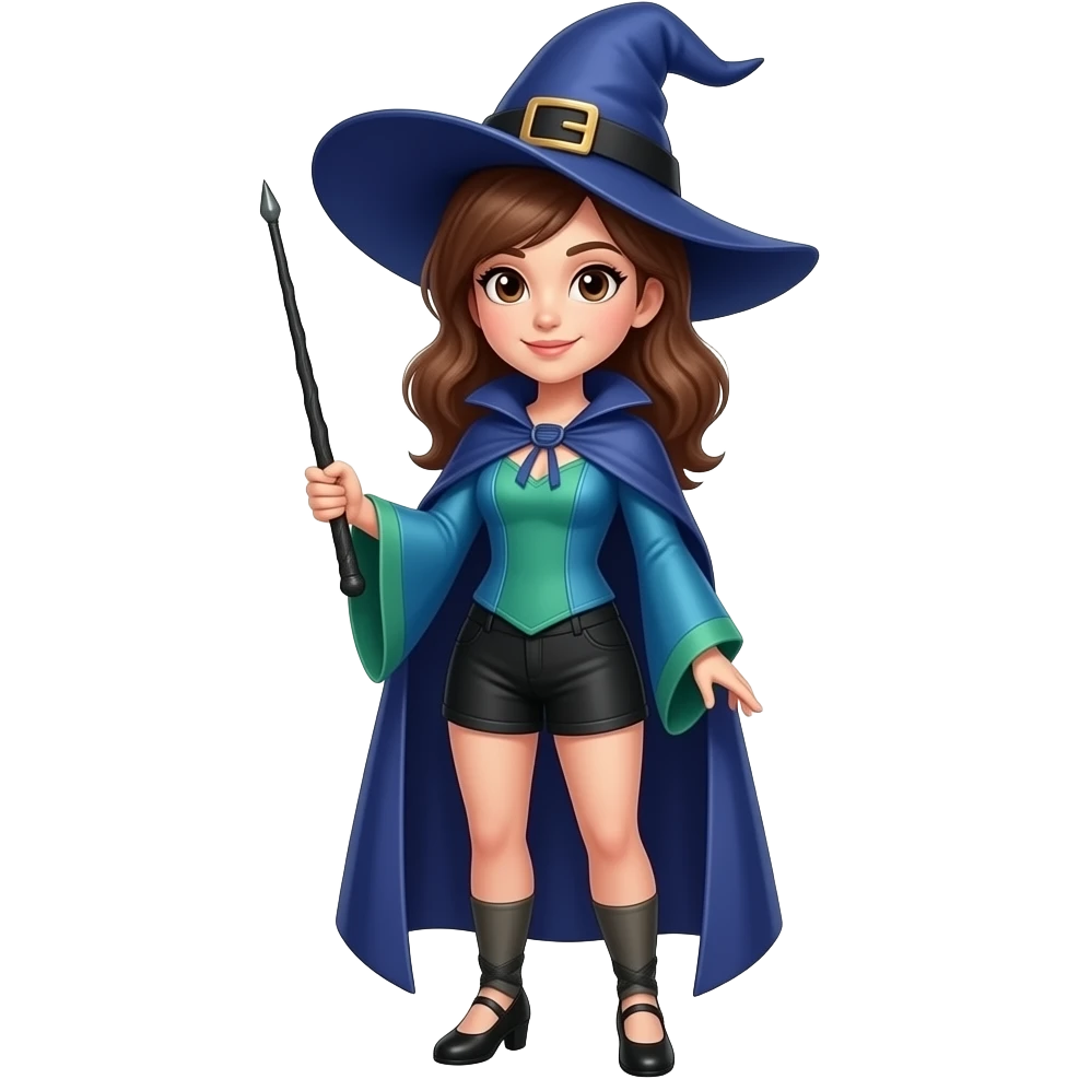 A full body White/Fair skinned woman with brown hair and brown eyes and wearing a Blue and green Witch outfit with black shorts and holding a black wand. emoji