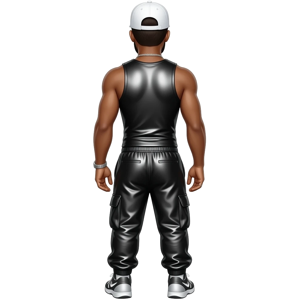 Jordan Knight from behind with white cap, black metallic tank top, black metallic saggy joggers, necklace emoji