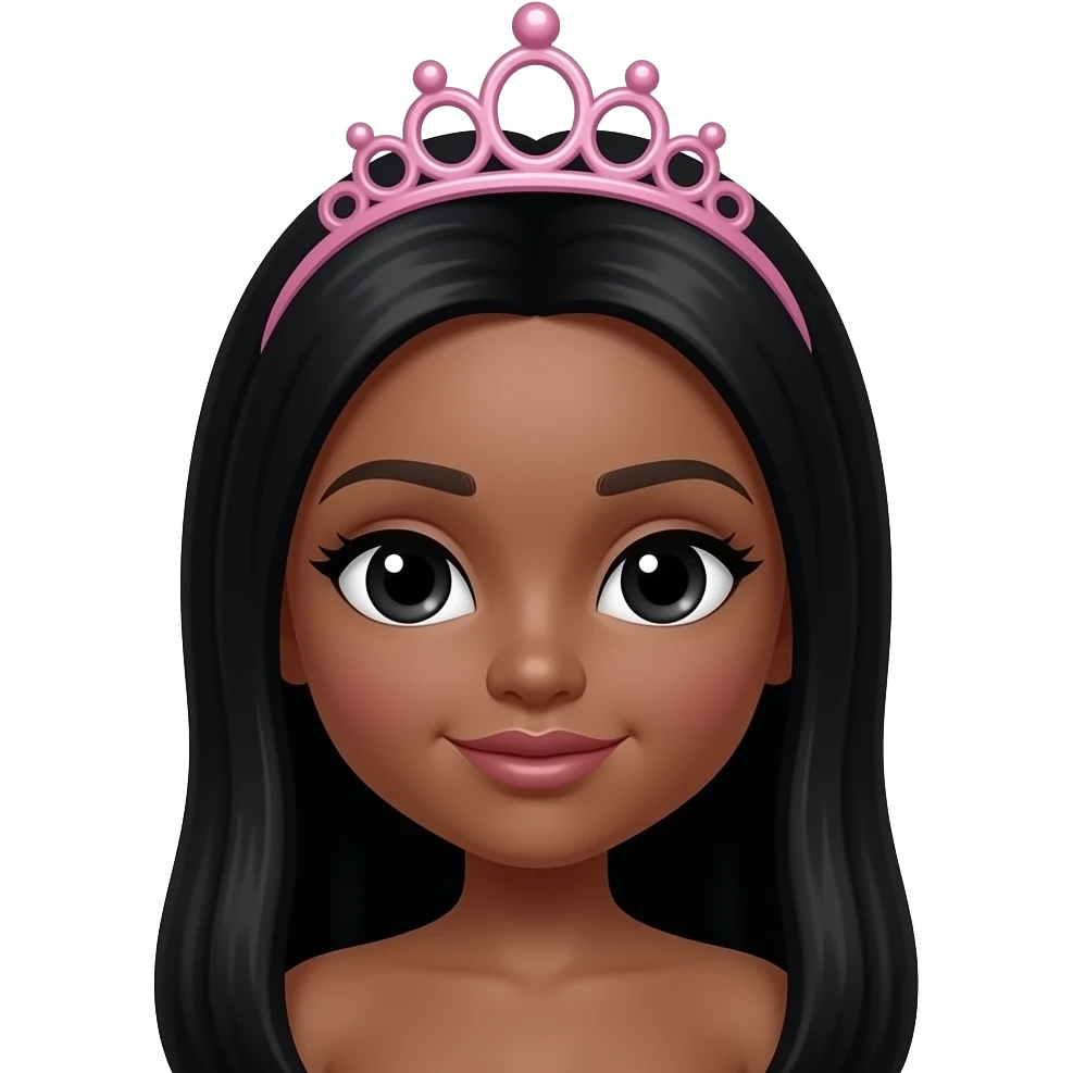 pink tiara, doll eyes, Doll, big chest, dark brown skin, with middle part long black hair, black cute eyes, with cute lip, without no bra emoji
