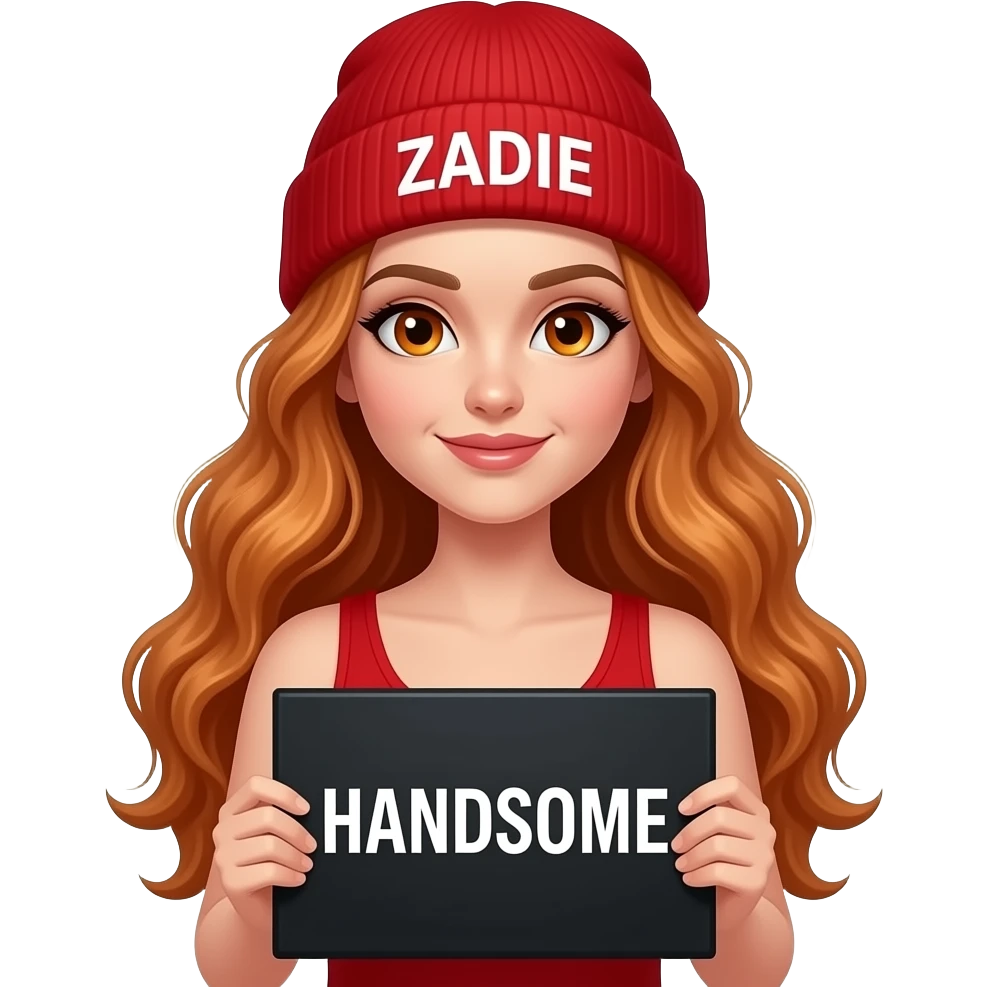 sexy girl with overlong wavy ginger hair and ginger eyes wearing a red tanktop and a red beanie with ZADIE written on it, is holding a black sign with HANDSOME written on it emoji