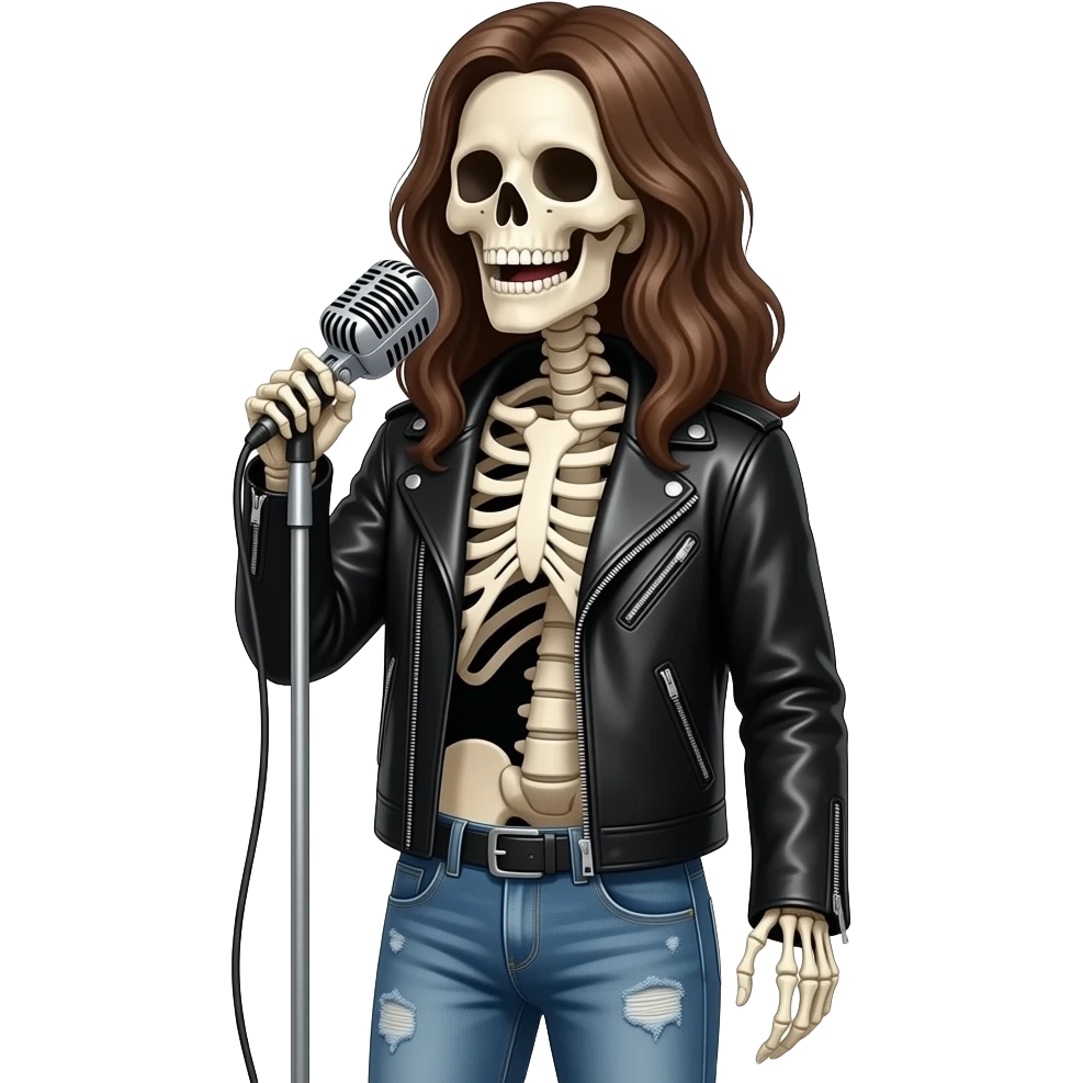 A full body long haired skeleton wearing jeans and a leather jacket singing into a mic emoji