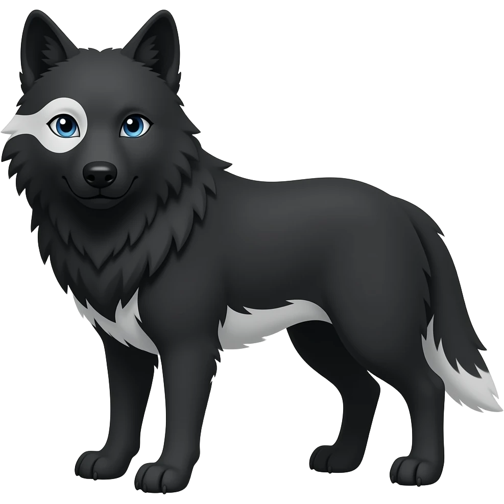 black wolf with blue eyes and a greyish white stripe over the left eye around the eye,  and a bit of white on theunderbelly and tail emoji