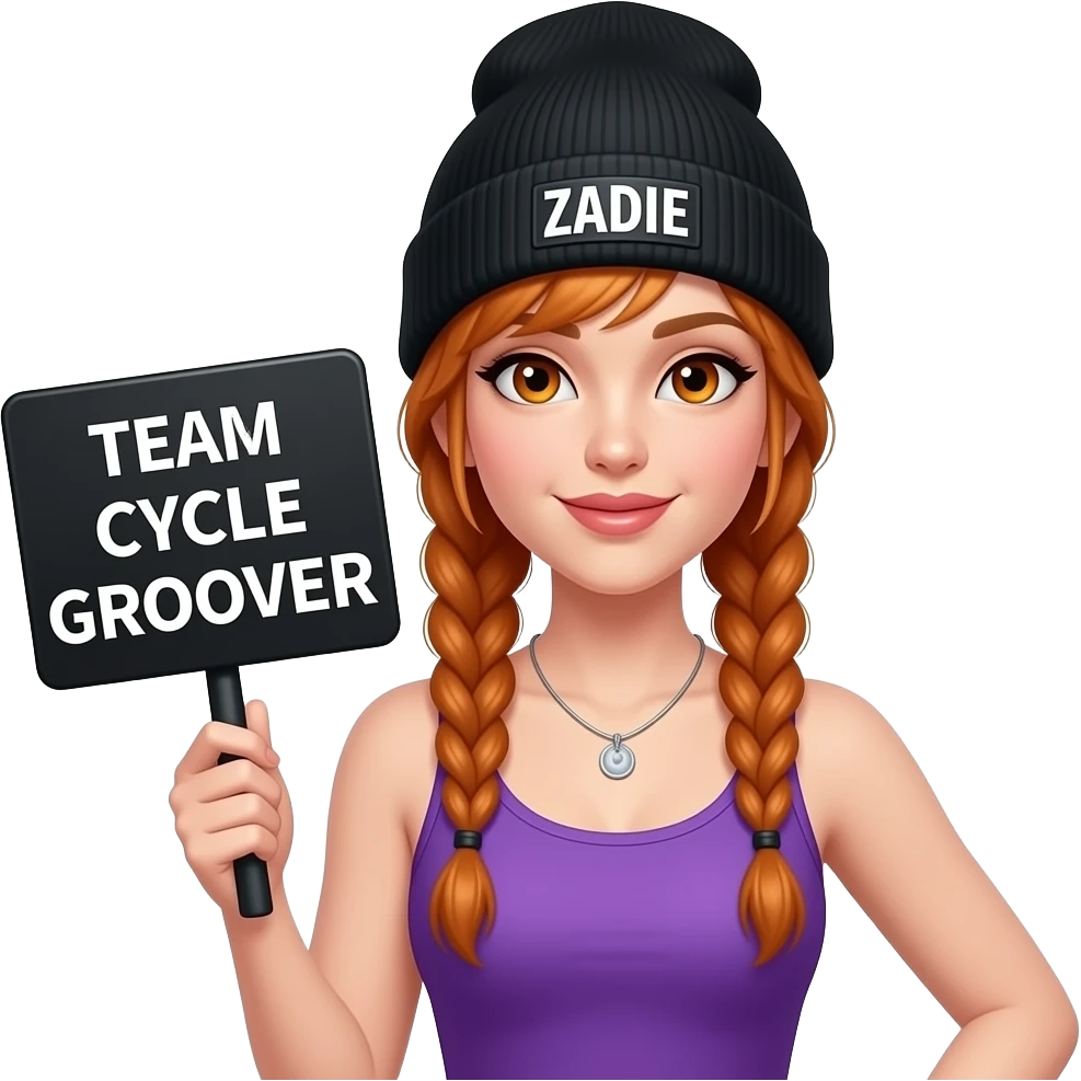 sexy girl with overlong ginger braids and ginger eyes wearing a purple tanktop and a black beanie with ZADIE written on it, is holding a black sign with TEAM CYCLE GROOVER written on it emoji